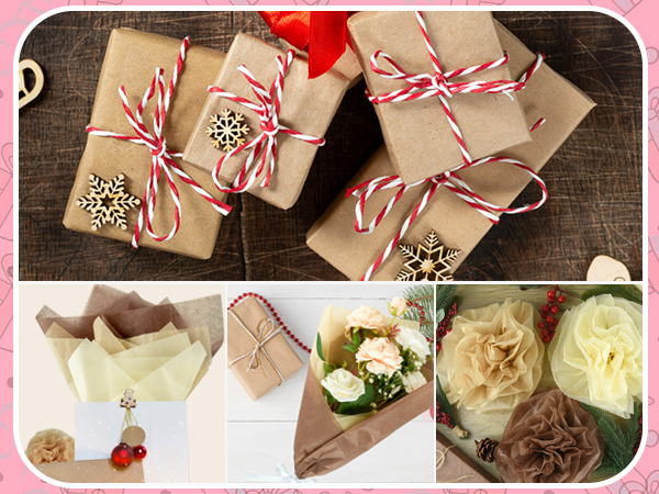 Collection of kraft paper wrapped gifts with red and white striped twine and wooden snowflake decorations, alongside wrapped flower bouquets.