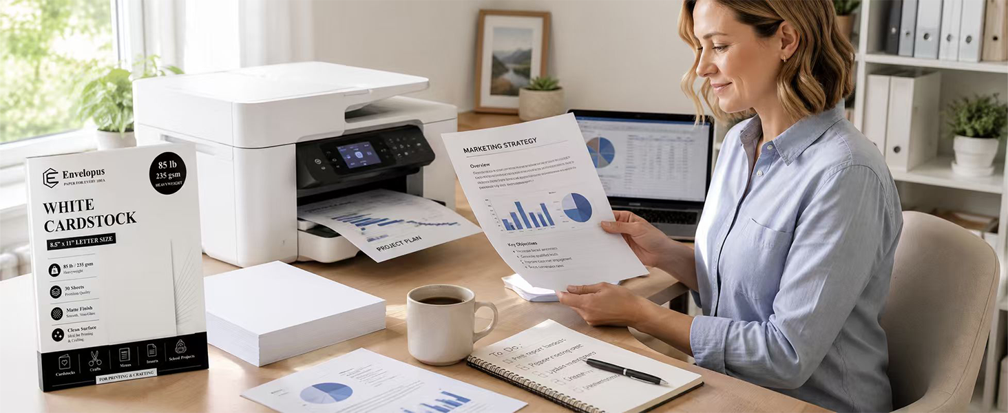 White cardstock printer paper used for office reports and presentations