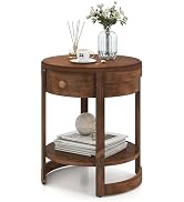 Giantex Round Side Table, 2-Tier Wooden End Table with Drawer and Shelf, Vintage Wood Grain Finis...