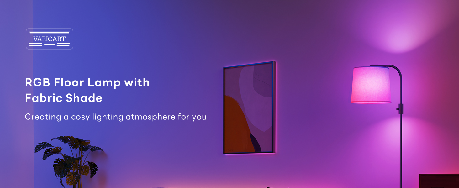 Text reads 'RGB Floor Lamp with Electric Stand'. Series of images showing a color-changing floor lamp creating purple ambient lighting effects in a dark room.