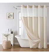 eachope Boho Farmhouse No Hook Shower Curtain Set with Snap-in Fabric Liner,Heavy-Duty Linen Text...