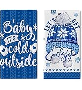 Croar Baby It's Cold Outside Kitchen Dish Towels Set of 2, Blue Knit Hat Let's Get Cozy Drying Ha...