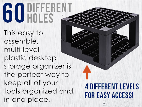 60-slot black desktop organizer with 4 levels for storing markers, pens, brushes, and pencils