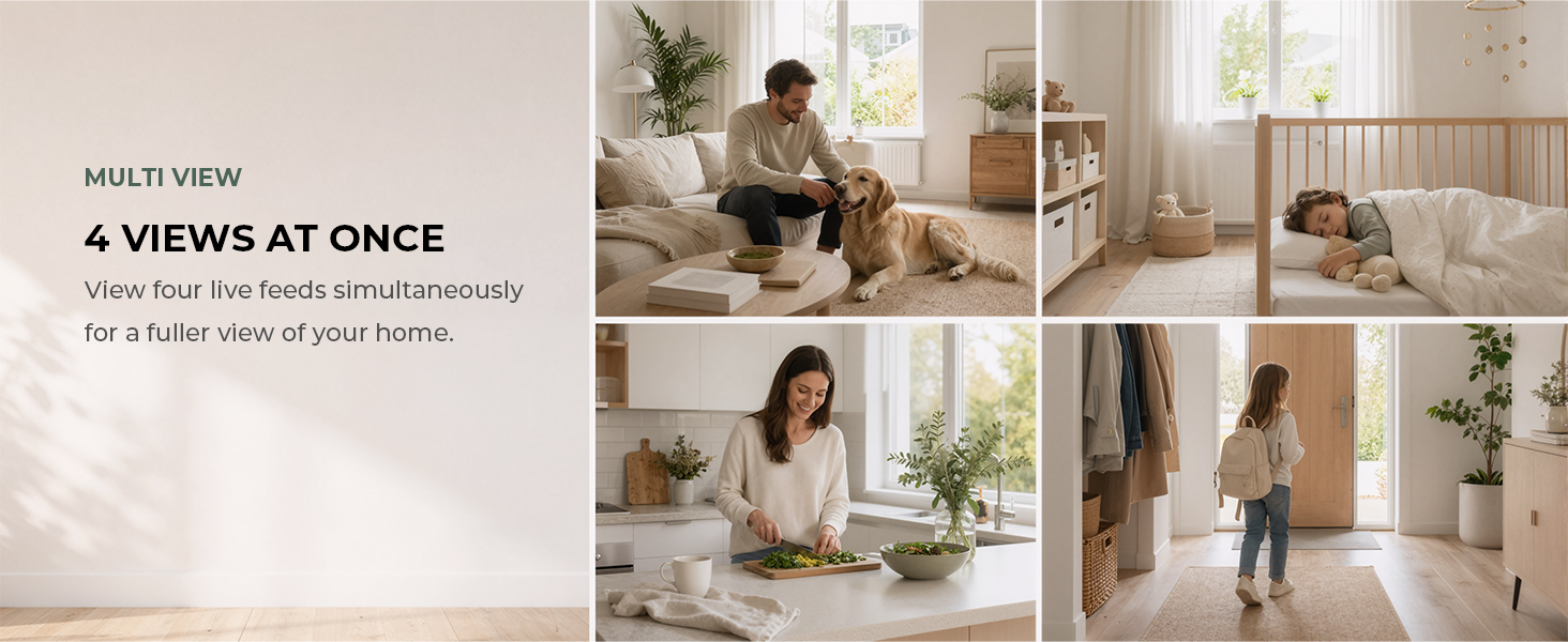 Four home scenes illustrate viewing multiple camera feeds in one app.