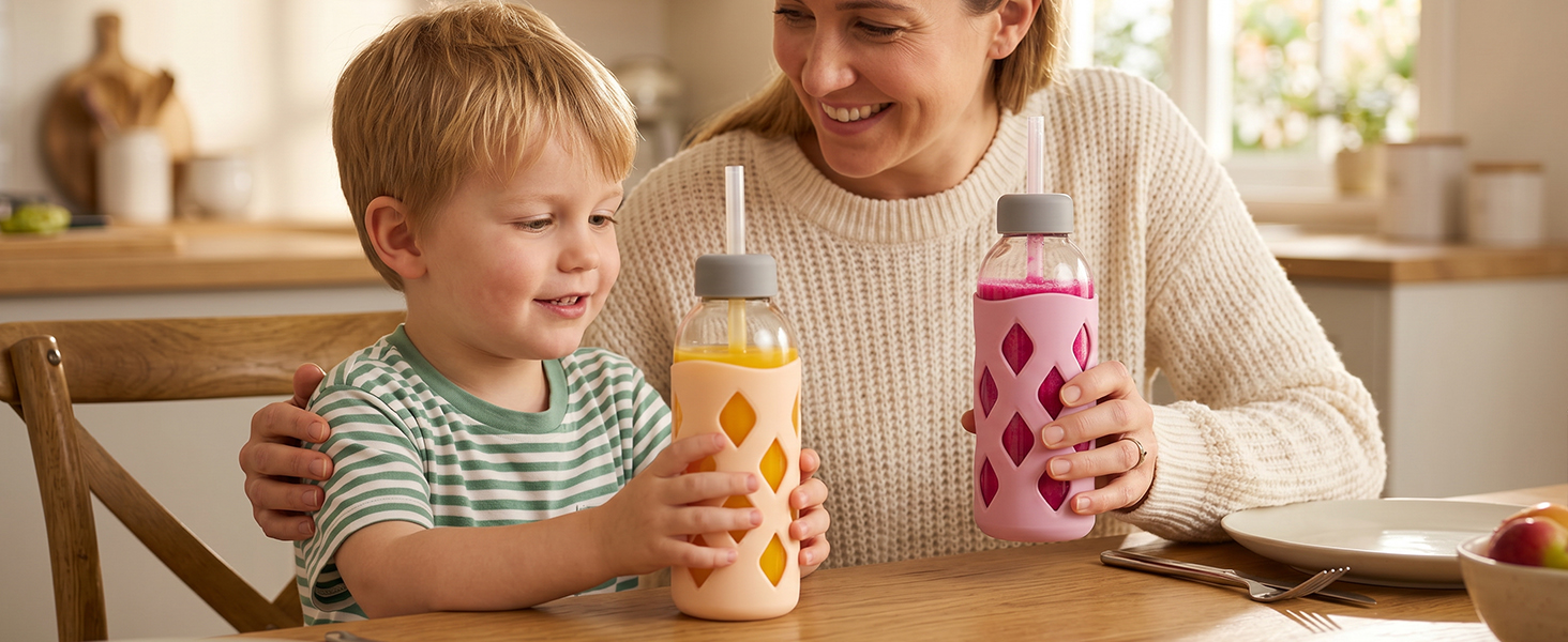 16oz glass water bottles with protective sleeve,leak proof,glass juice bottles with caps and straws
