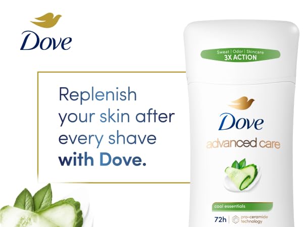 Top half picture of Dove Stick deodorant bottle on white background with headline & cucumber slice