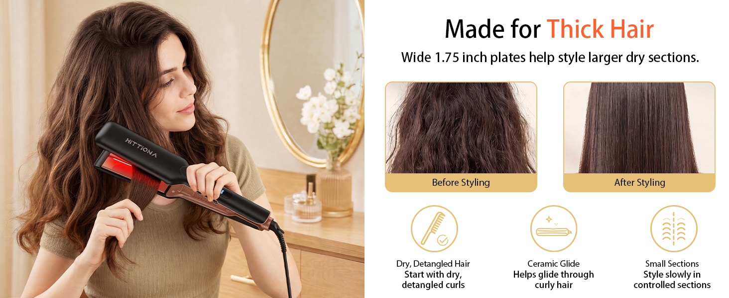 HITTIONA 175 wide ceramic flat iron for thick hair and larger dry hair sections
