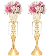 Kehail 2Pcs Gold Crystal Metal Vase Set - Tulip & Trumpet Wedding Centerpieces, Artificial Flower...