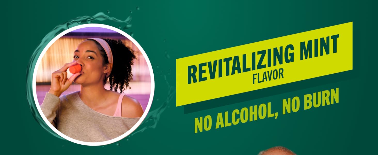 Revitalizing Mint flavor, no alcohol, no burn, green background, circle with girl swishing rinse