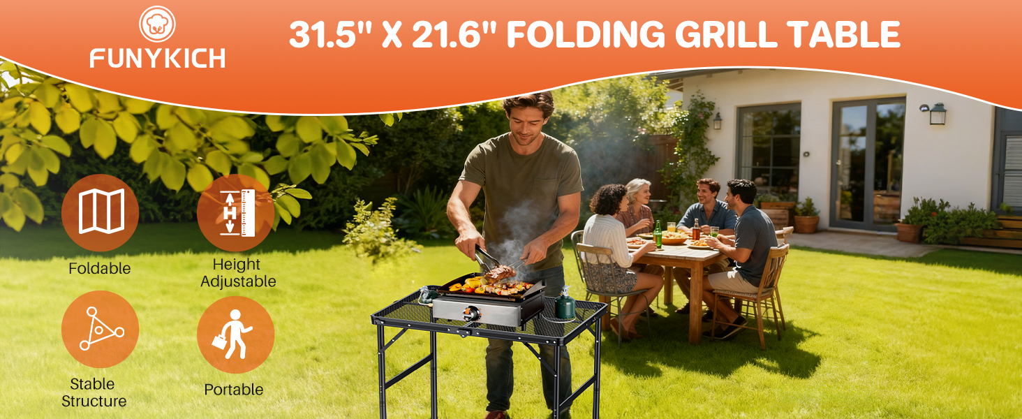 folding grill table with black metal frame