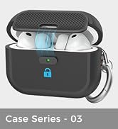 Text reads 'Case Series - 03'. Black protective carrying case with blue accent logo, featuring handle strap for earbuds or small accessories storage.