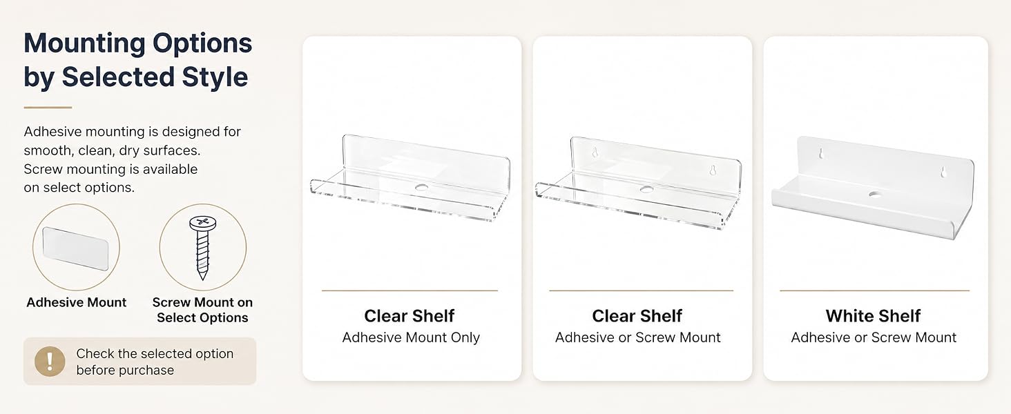 Acrylic floating shelves with adhesive mounting and screw mounting on select options