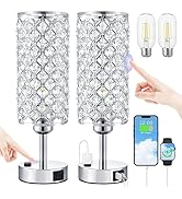 Crystal Lamp Touch Control Set of 2, Sliver Crystal Table Lamps with USB C+A Ports & AC Outlet, 3...