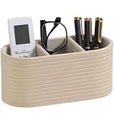 MEIBOOCH PU Leather Remote Control Holder, Modern Oval Pen Holder for Desk, 3-Compartment Desk Ca...