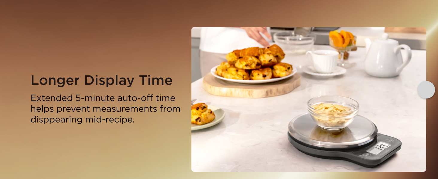 Kitchen scale with extended 5-minute auto-off function to keep weight readings visible during baking