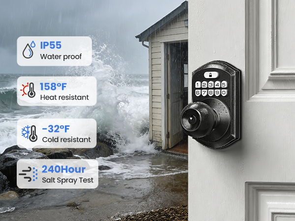 IP55 waterproof, reliable operation from -32°F to 158°F, ensuring the lock works in any weather