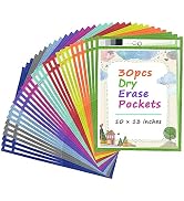 Antner 30 Pack Oversized Dry Erase Pockets Sleeves Reusable Ticket Holders, Clear Plastic Sheet P...