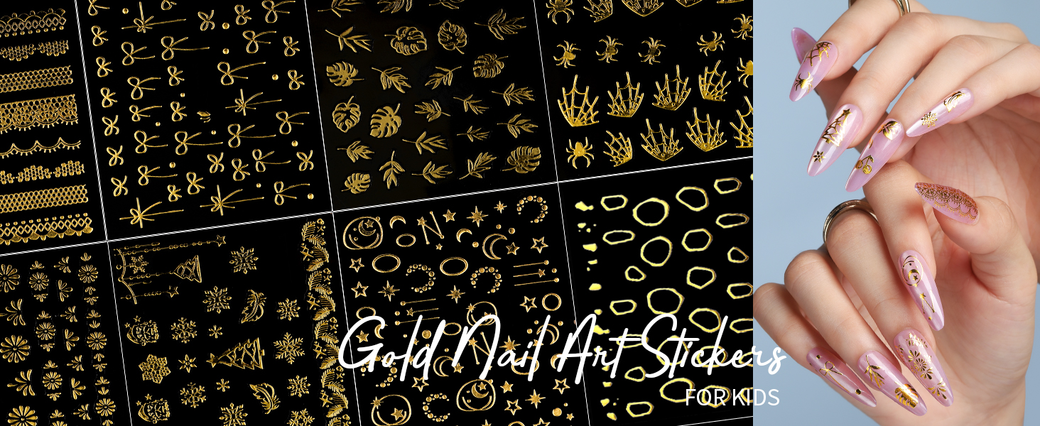 10 Sheets Gold Nail Stickers for Holiday, Winter, Fall