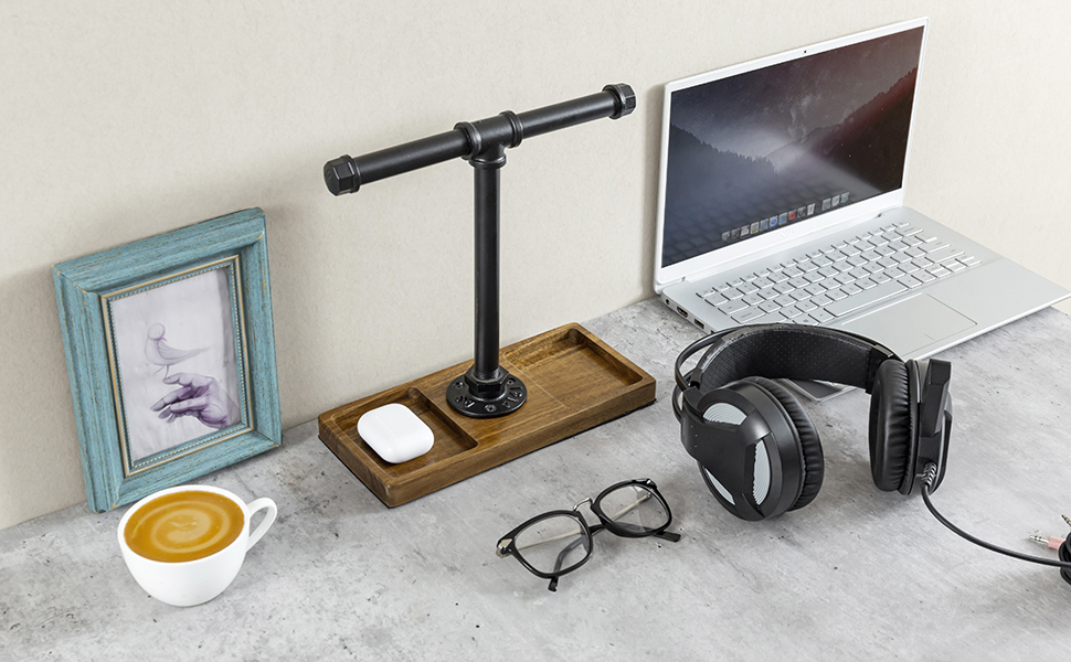 tabletop T-Bar Over Ear Headphones Holder with Accessories Tray displayed on a desk