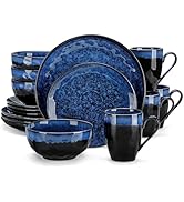 vancasso Starry 16-Pieces Dinnerware Set for 4, Reactive Glaze Blue Stoneware Plates and Bowls Se...