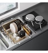 JASIWAY Gold Dish Drying Rack in Sink, Expandable Stainless Steel Dish Drainers with Drainboard f...