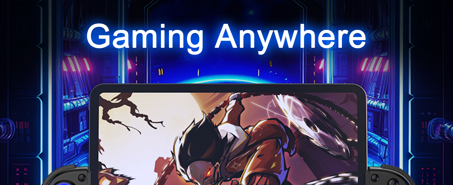Text reads 'Gaming Anywhere'. Dark gaming setup with screens displaying action game footage and blue LED ambient lighting.