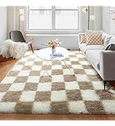 KICMOR 5x8 Beige and Cream White Rugs Living Room Carpets, Large Fluffy Shag Fuzzy Checkered Area...