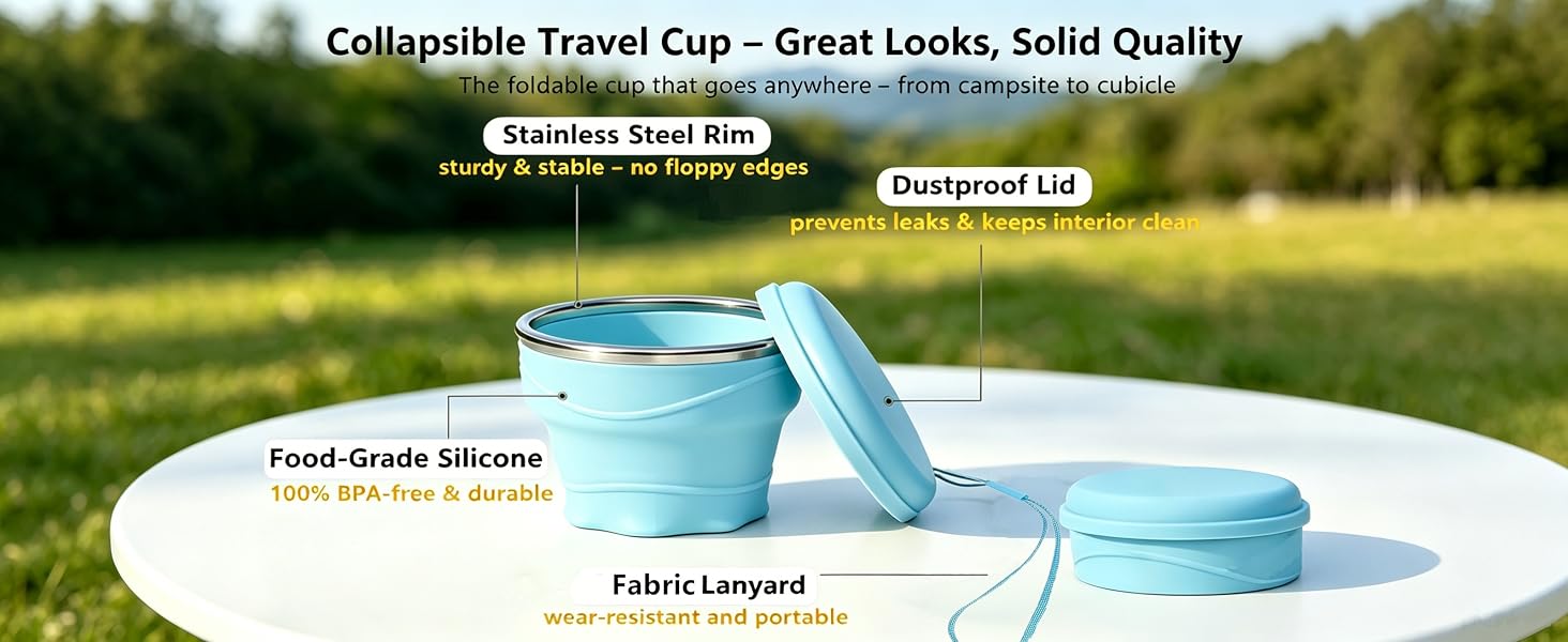 Collapsible Travel Cup, Folding Cup with Lid, BPA Free Silicone Collapsible Cup