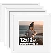 KINLINK 12x12 Picture Frame White Set of 4, Wooden Square Photo Frames Matted 8x8 with Plexiglass...