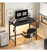 YATINEY Computer Desk with LED Lights, Gaming Desk with Storage Bag and Breathable Mesh Desktop, ...