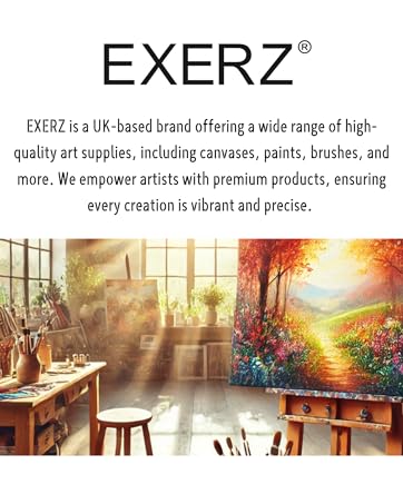 EXERZ logo with product description text. Below, an artist's studio with sunlit windows, wooden table, stool, and colorful painting on easel depicting a vibrant garden scene.