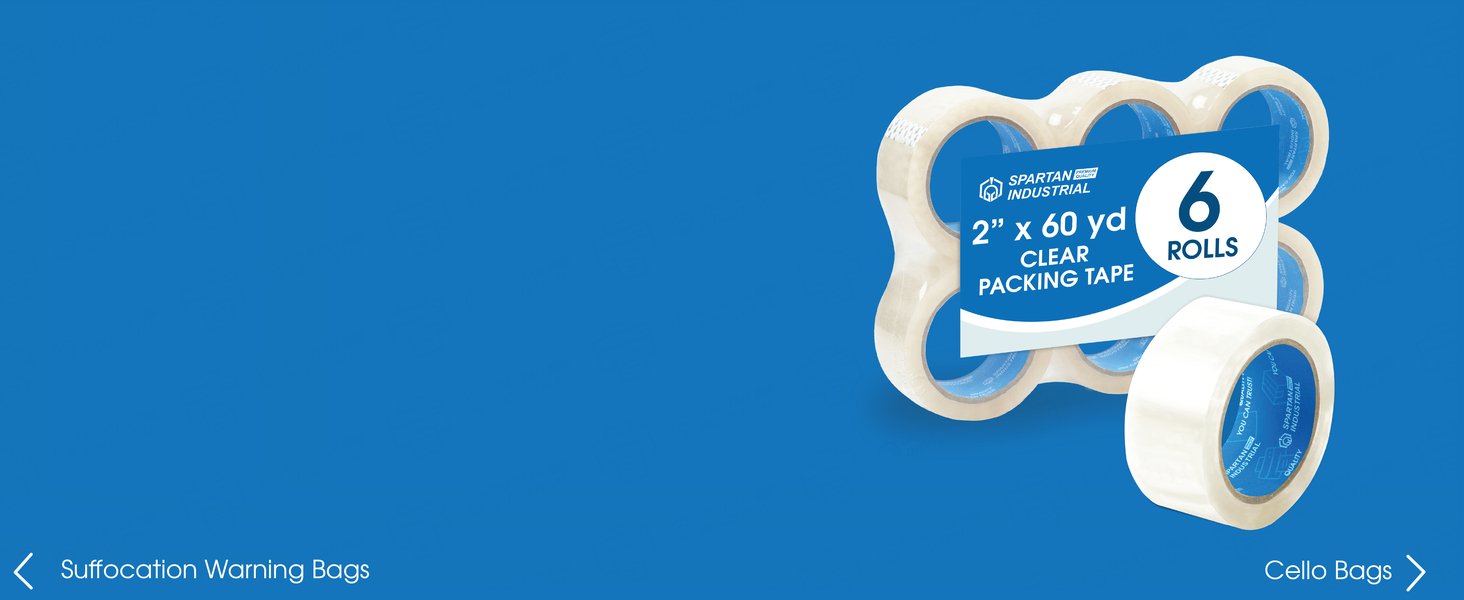 A roll of our two inch clear packing tape in front of a pack of six rolls on a blue background