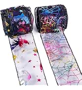 Pandahll 2 Rolls Halloween Wired Ribbon Sheer Organza Glitter Ribbon Black Tulle Ribbon Bat Spide...