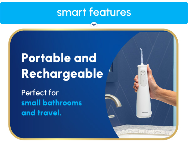 Image of Waterpik flosser and reservoir with text reading portable & rechargeable.