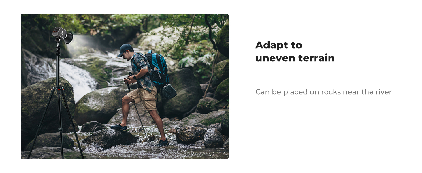Tripod mounted on rocky riverbank. Person with backpack navigating uneven terrain. Text states 'Adapt to uneven terrain' and 'Can be placed on rocks near the river'.