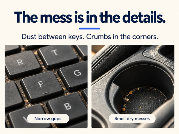 Dust between keyboard keys and dry crumbs in a car cup holder, shown in close-up