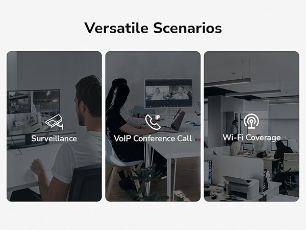 Text reads 'Versatile Scenarios'. Shows a series of gray icons or interface elements arranged horizontally against a dark background.