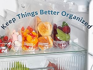 Slider bags in display in a fridge to show how essential they are at keeping things organized.