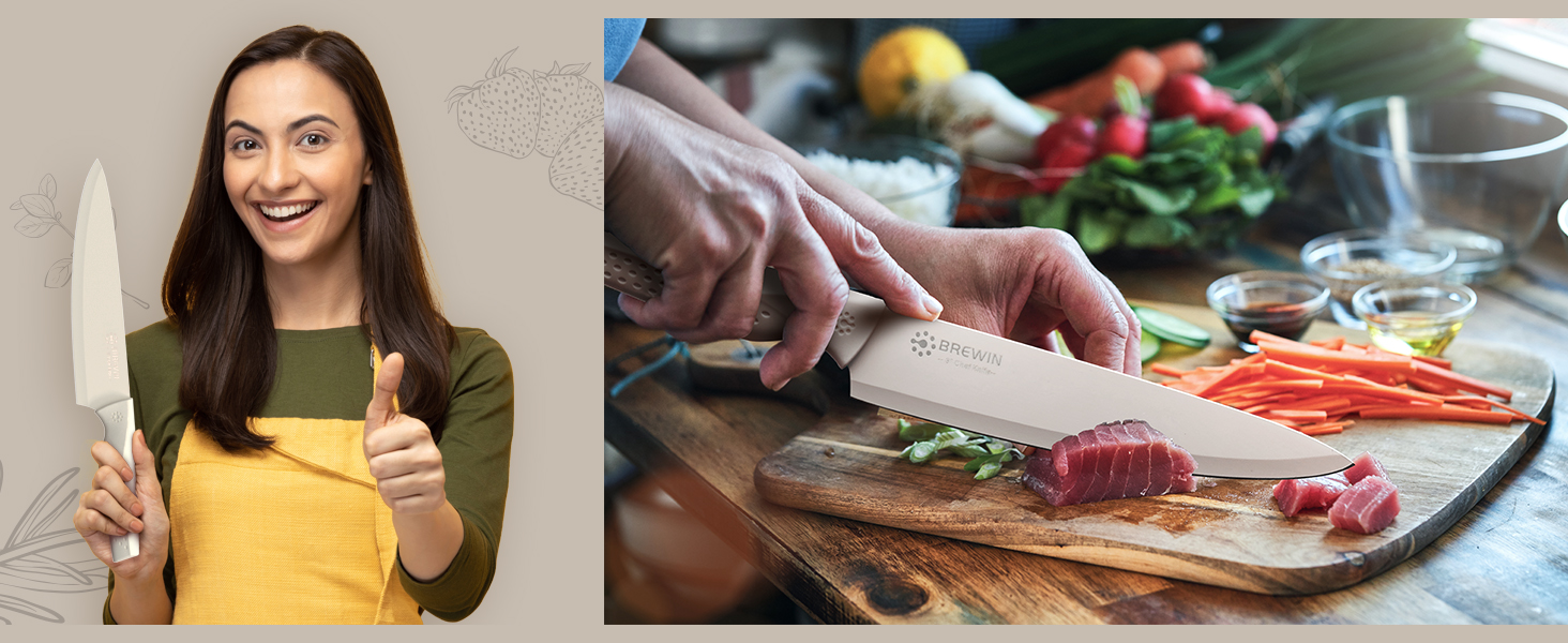 Chef knife slicing tuna and vegetables, shown with smiling user holding knife confidently