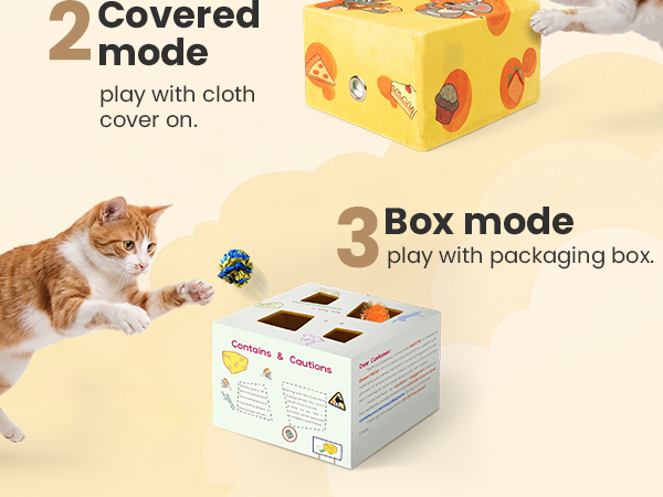 Text reads '2 Covered mode play with cloth cover on' and '3 Box mode play with packaging box on'. Interactive toy cube with numbered modes, shown with cat playing with cloth cover and packaging box configurations.