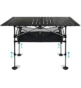 LEADALLWAY Adjustable Height Aluminum Camping Table Folding Portable Outdoor Table with Large Sto...