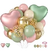 Pink and Green Balloons, 12 Inch Retro Sage Green Pink Nude Metallic Gold Confetti Balloons with ...