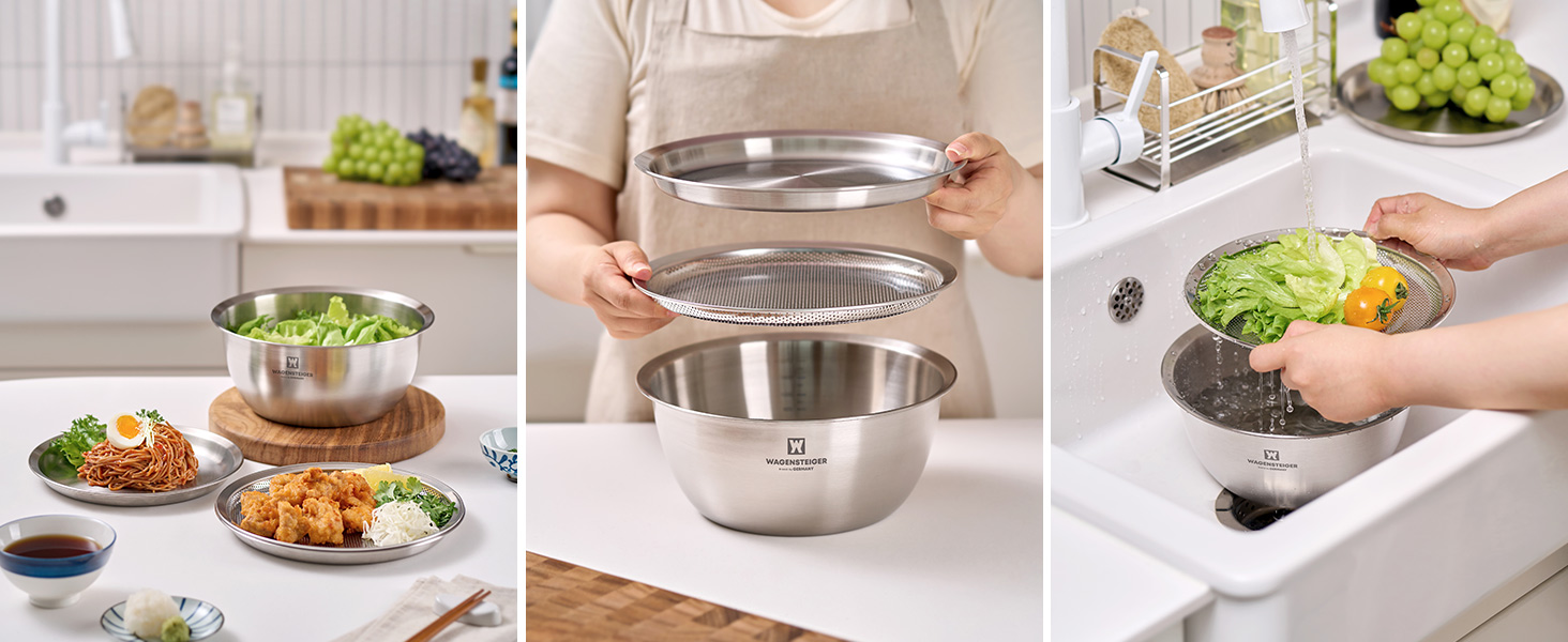 This set includes a mixing bowl, a perforated tray (strainer), and a solid serving tray