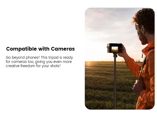 Camera tripod product demonstration showing compatibility with phones, featuring silhouette of photographer using mounted device against sunset sky.