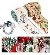 Pandahall 2 Rolls Christmas Wired Ribbon 2.5" Christmas Burlap Fabric Ribbons Xmas Tree Deer Craf...