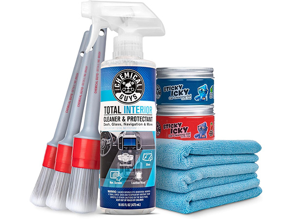 Sticky Icky Cleaning Gel kit and microfiber towels for deep interior detailing.