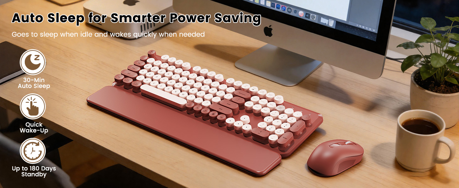 Burgundy retro keyboard and mouse with auto sleep for smarter power saving.