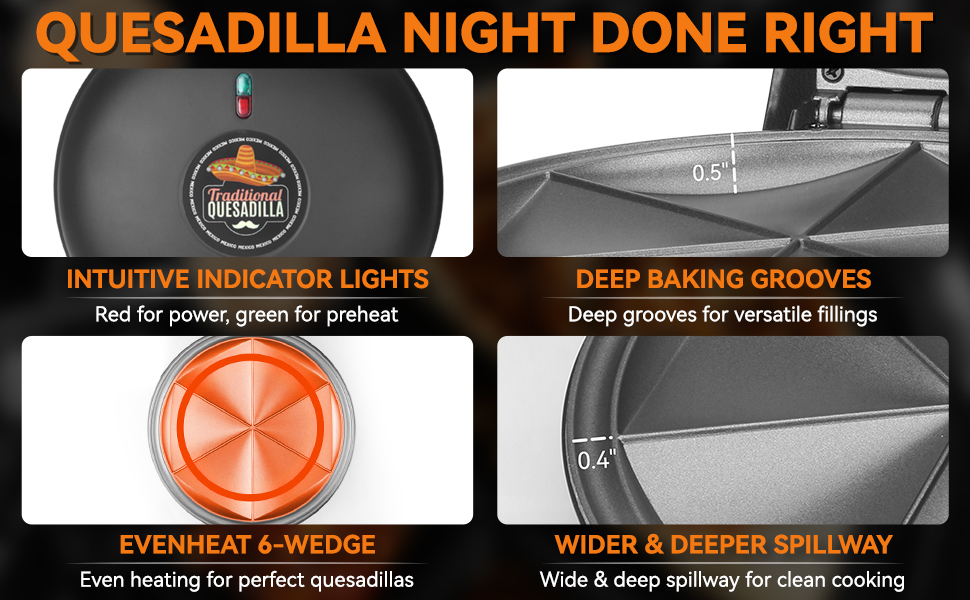 indicator lights, deep grooves, even heat, wide & deep spillway