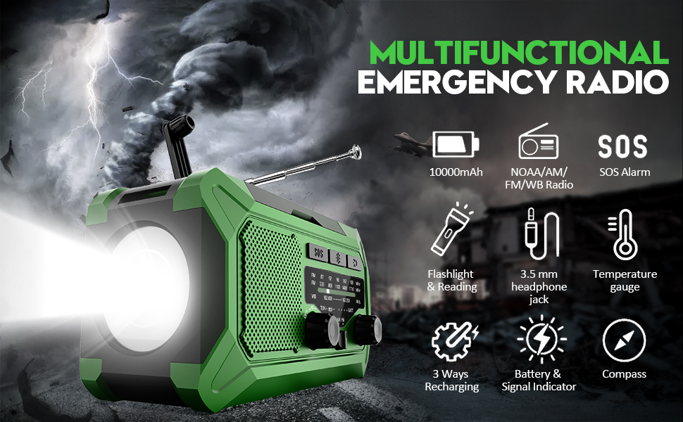Emergency Hand Crank Weather Radio,10000mAh AM/FM/NOAA Solar Powered Radio with Phone Charger