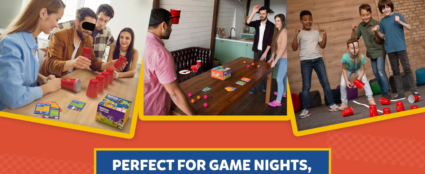 Collage of three group game night scenes showing people gathered around tables playing games, with red and yellow curved banner design.